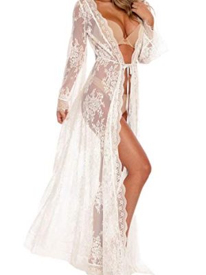 Women Sexy Long Lace Dress Sheer Gown See Through Lingerie Kimono Robe Swimsuit Cover Up