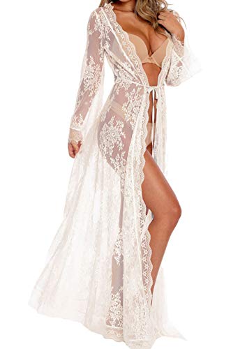 Women Sexy Long Lace Dress Sheer Gown See Through Lingerie Kimono Robe Swimsuit Cover Up