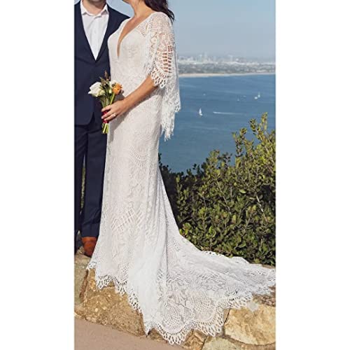 Boho Wedding Dresses for Bride Lace Mermaid Bridal Dress V Neck Cape Sleeve Beach Bohemian Vintage Wedding Gown