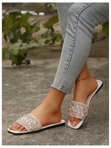 Women's Glitter Jeweled Slippers Sparkly Pearls Beaded Sandals Open Toe Slide Shoes