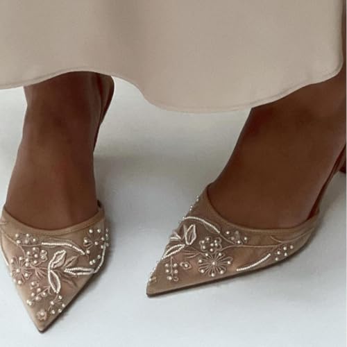 Women's Mesh Floral Embroidered Slingback Heels with Pearl Studded Pointed Toe Lace Heeled Sandals Backless Slip On Kitten Heel
