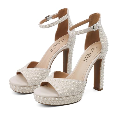 Pearl Rhinestone Heels Platform Block Sandals for Women Wedding Sandals for Bride Chunky Heels Bridal Shoes with Ankle Strap