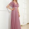 Women's Evening Gowns V Neck Ruched Short Sleeves A-line Glitter Formal Dresses