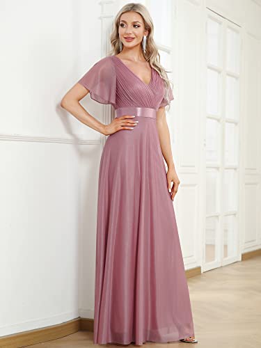 Women's Evening Gowns V Neck Ruched Short Sleeves A-line Glitter Formal Dresses