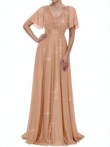 Women's Evening Gowns V Neck Ruched Short Sleeves A-line Glitter Formal Dresses