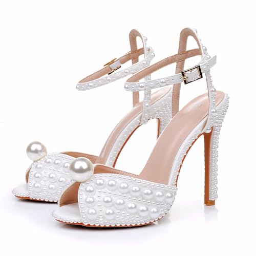 Full Pearls Stiletto heels Sandals Thin High Heels Peep Toe Sandals White Pearls Bridal Wedding Shoes Evening Wedding Sandals