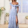 Floral Chiffon Long Bridesmaid Dresses for Women A Line Off Shoulder Formal Evening Gowns with Slit Ruffle Prom Dress