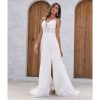 Chiffon Wedding Dresses for Bride Lace Appliques V Neck Long Beach Spaghetti Straps Simple Bridal Gown with Slit