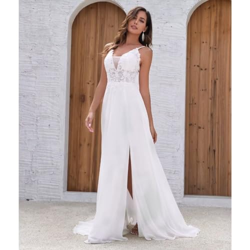 Chiffon Wedding Dresses for Bride Lace Appliques V Neck Long Beach Spaghetti Straps Simple Bridal Gown with Slit