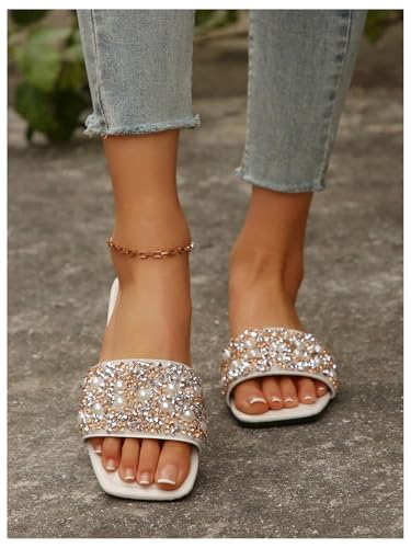 Women's Glitter Jeweled Slippers Sparkly Pearls Beaded Sandals Open Toe Slide Shoes