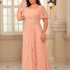 Women's Chiffon Mother of The Bride Dresses with Sleeves V Neck A Line Formal Evening Dress VS164N