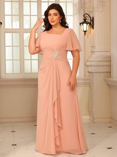 Women's Chiffon Mother of The Bride Dresses with Sleeves V Neck A Line Formal Evening Dress VS164N