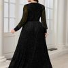 Plus Size Sparkly Formal Maxi Dress Long Sleeve Deep V-Neck Mesh Dresses with Slit Cocktail Wedding Evening Gown