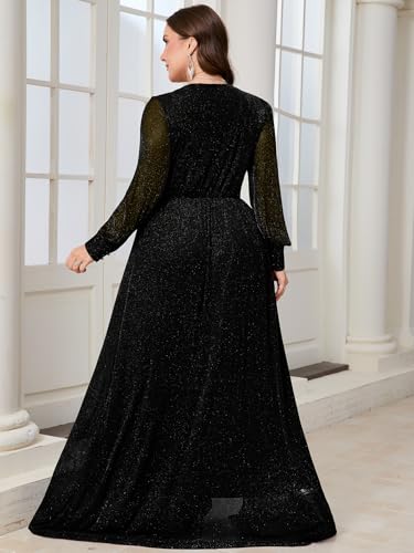 Plus Size Sparkly Formal Maxi Dress Long Sleeve Deep V-Neck Mesh Dresses with Slit Cocktail Wedding Evening Gown
