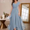 Chiffon Mother of The Bride Dresses A Line Cap Sleeves Evening Gown V Neck Formal Dress for Wedding HS095