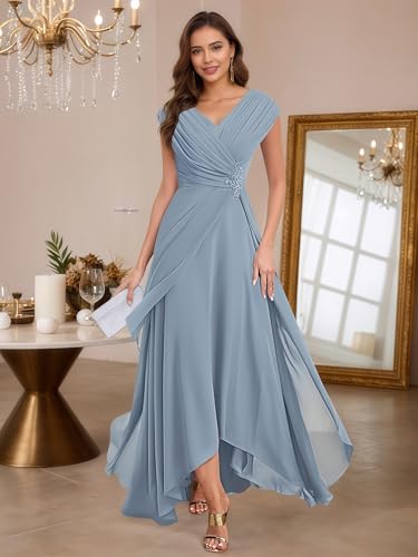 Chiffon Mother of The Bride Dresses A Line Cap Sleeves Evening Gown V Neck Formal Dress for Wedding HS095