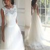 Women's Elegant Lace Wedding Dress A Line Tulle Beach Bridal Gowns Cap Sleeves with Train