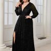 Plus Size Sparkly Formal Maxi Dress Long Sleeve Deep V-Neck Mesh Dresses with Slit Cocktail Wedding Evening Gown