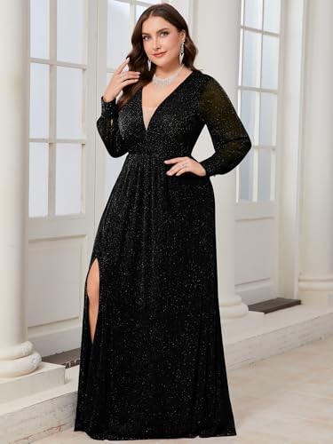 Plus Size Sparkly Formal Maxi Dress Long Sleeve Deep V-Neck Mesh Dresses with Slit Cocktail Wedding Evening Gown