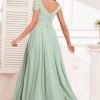 Off The Shoulder Bridesmaid Dresses for Women Long Slit Chiffon Pleated Formal Wedding Guest Dress with Pockets