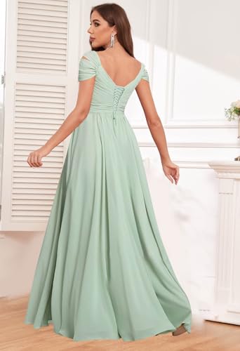 Off The Shoulder Bridesmaid Dresses for Women Long Slit Chiffon Pleated Formal Wedding Guest Dress with Pockets