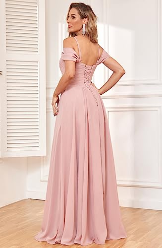 Off The Shoulder Bridesmaid Dresses for Women Long Chiffon Pleated Formal Evening Dress with Pockets