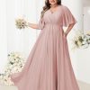 Plus Size Bridesmaid Dresses with Pockets Short Sleeve Pleated Formal Dress for Women YMS376