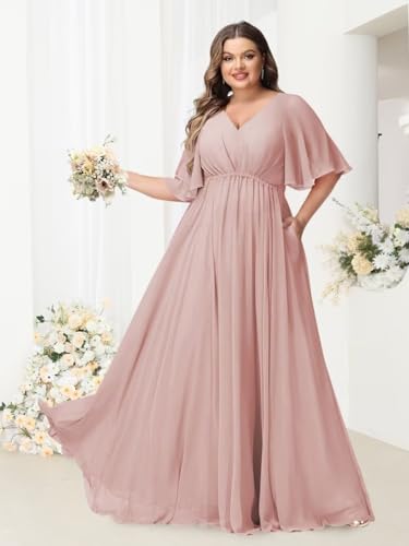 Plus Size Bridesmaid Dresses with Pockets Short Sleeve Pleated Formal Dress for Women YMS376