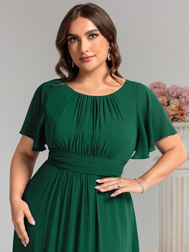 Women's Round Neck A Line Pleated Chiffon Short Sleeves Plus Size Formal Gowns Bridesmaid Dresses
