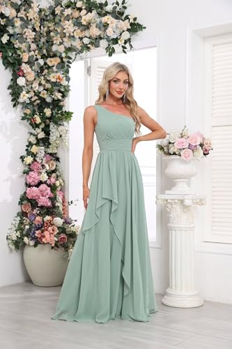 Women's One Shoulder Bridesmaid Dresses Long Ruched Chiffon A Line Formal Party Dress with Pockets