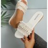 Women's Pearls Chain Flat Sandals Dressy Open Toe Slip On Flats Summer Casual Outdoor Slide Sandals