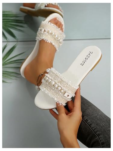 Women's Pearls Chain Flat Sandals Dressy Open Toe Slip On Flats Summer Casual Outdoor Slide Sandals