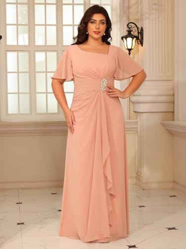 Women's Chiffon Mother of The Bride Dresses with Sleeves V Neck A Line Formal Evening Dress VS164N