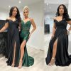 Women's Off The Shoulder Bridesmaid Dresses with Slit Satin Formal Gowns Long Prom Evening Party Dress with Pockets