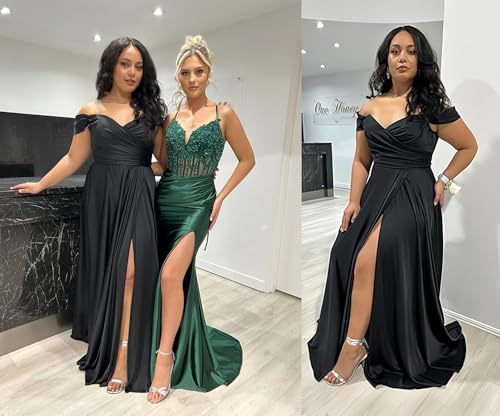 Women's Off The Shoulder Bridesmaid Dresses with Slit Satin Formal Gowns Long Prom Evening Party Dress with Pockets