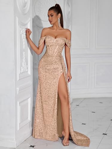 Evening Gowns Formal Dresses for Women Sequin Tulle Wedding Guest Cocktail Party Sexy Off Shoulder Floor Length Prom Dress