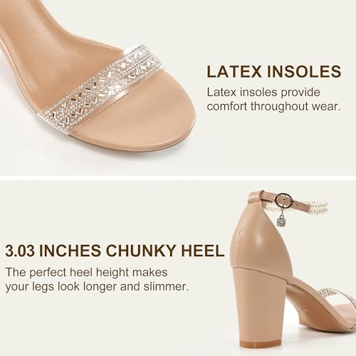 Womens Sandals High Heels Open Toe Rhinestone Pearl Block Chunky Heeled Ankle Strap Dressy Sexy Shoes for Wedding Party