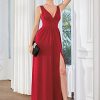 Women's Bridesmaid Dresses Deep V-Neck Sleeveless Side Slit Floor Length Wedding Guest Dress 0168B