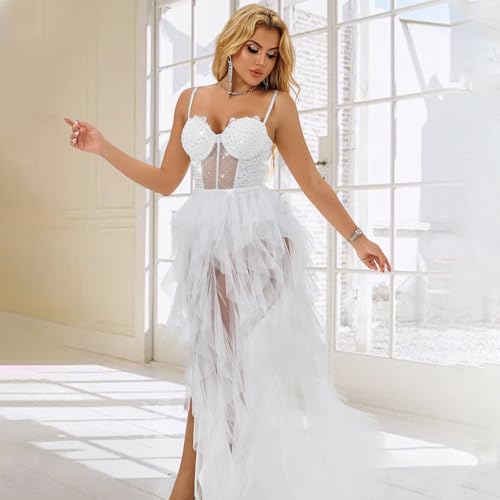 Tulle Prom Dresses for Women, Glitter Lace A Line High-Low Ruffled,Corset Party White Tulle Gown with Slit