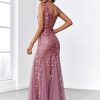 Women's Formal Dress Sequin Tulle Double V-Neck Sleeveless Mermaid Long Evening Dress 07886