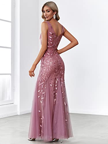 Women's Formal Dress Sequin Tulle Double V-Neck Sleeveless Mermaid Long Evening Dress 07886