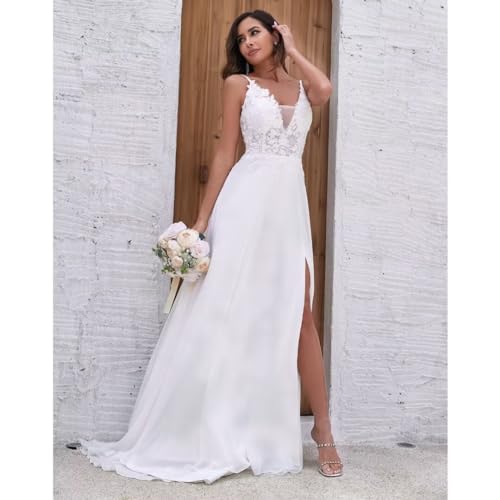 Chiffon Wedding Dresses for Bride Lace Appliques V Neck Long Beach Spaghetti Straps Simple Bridal Gown with Slit