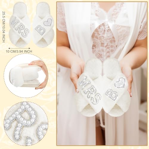 Personalized Initial Wedding Bride Slippers MRS Pearl Letter Makeup Bag Bridal Shower Gifts for Wedding Day (B)