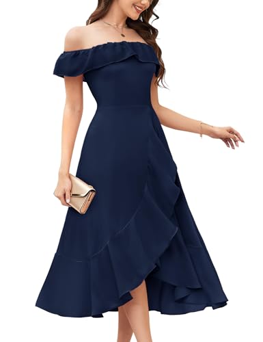 Women Off Shoulder Fall Wedding Guest Dress High Low Ruffle Chiffon Formal Dresses for Bridesmaid