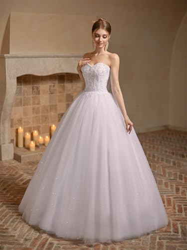 Women's Sweetheart Applique Beaded Corset Bridal Shiny Tull Wedding Dresses for Bride