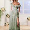 Floral Chiffon Long Bridesmaid Dresses for Women A Line Off Shoulder Formal Evening Gowns with Slit Ruffle Prom Dress