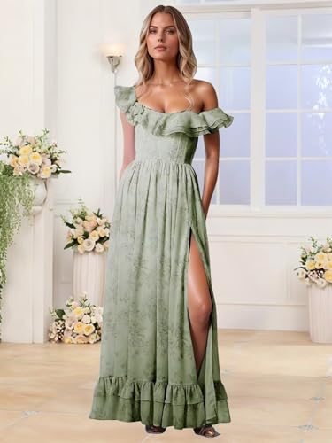 Floral Chiffon Long Bridesmaid Dresses for Women A Line Off Shoulder Formal Evening Gowns with Slit Ruffle Prom Dress