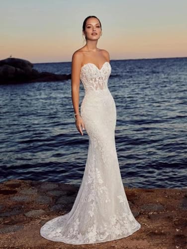 Strapless Beach Wedding Dresses Sexy Bridal Gown Lace Robe Backless Vintage Vestidos De Novia with Detachable Train
