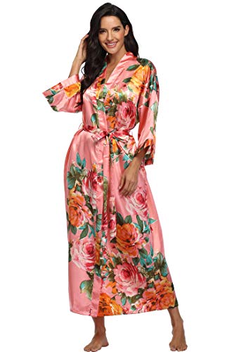 Womens Silk Kimono Robe Long Floral Bridesmaids Robe Satin Wedding Party Bridal Robe Dressing Gown Loungewear