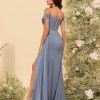 IKMNN Off The Shoulder Long Bridesmaid Dresses for Women Tight Pleated Satin Formal Dress with Slit IK011